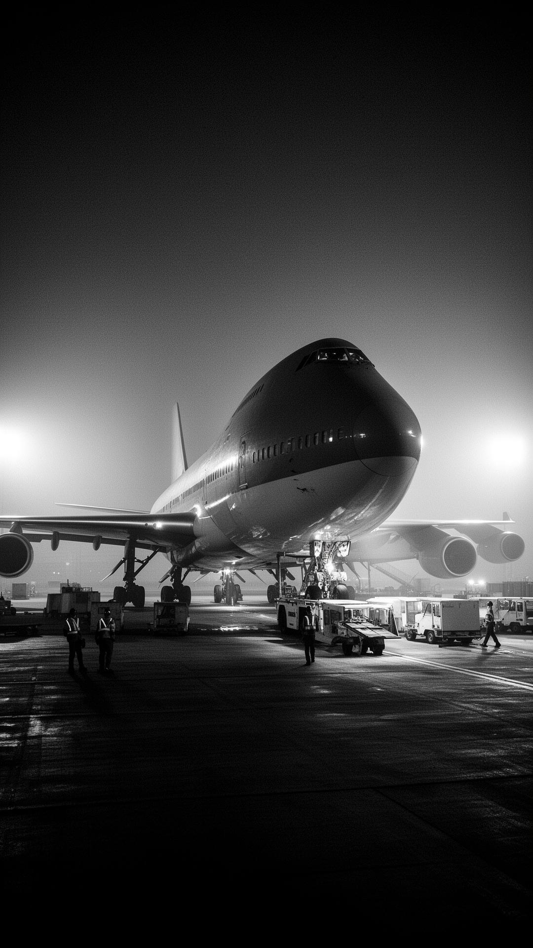 747 freighter on tarmac at night under floodlights.