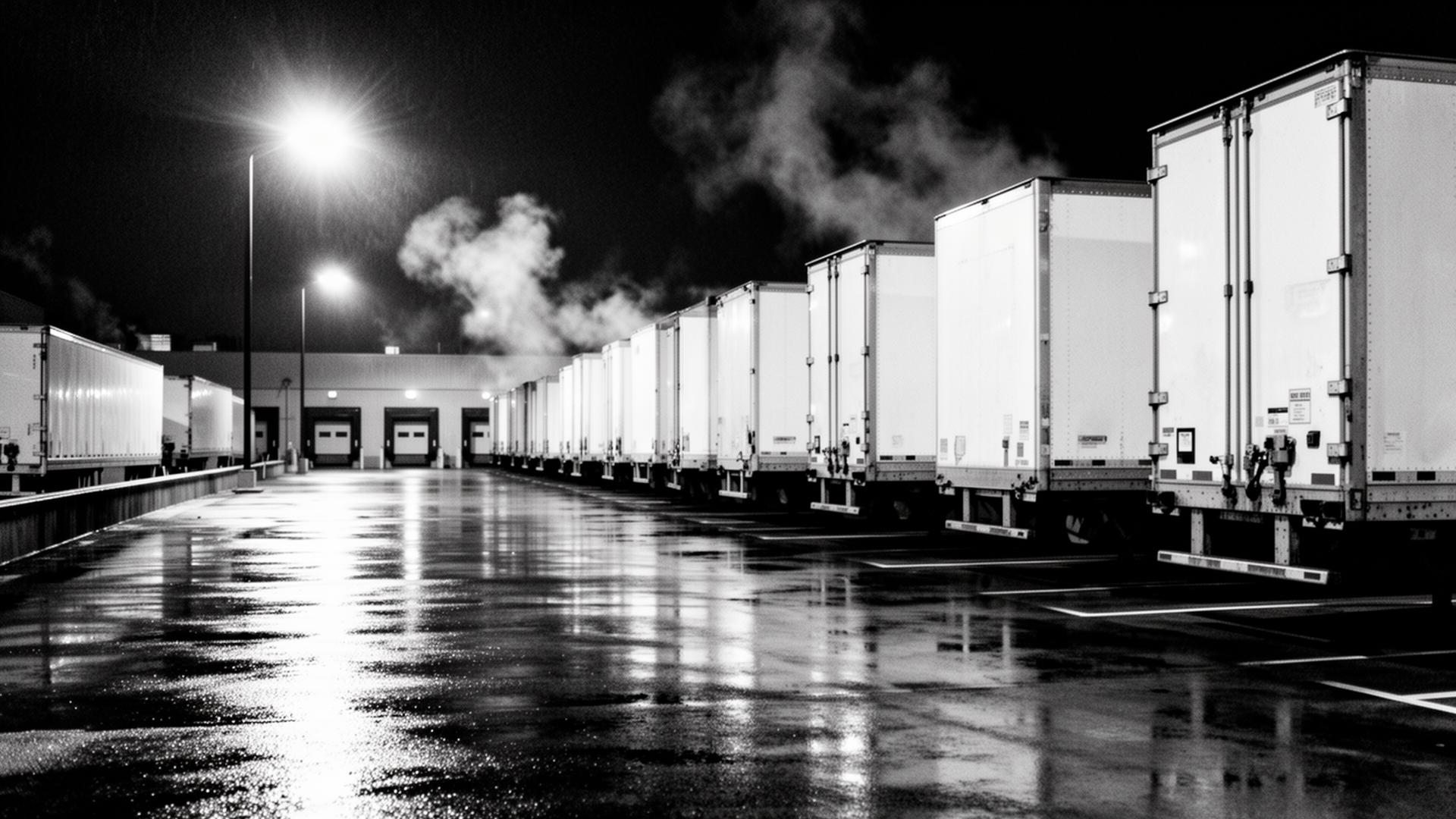 Dry van trailers backed into loading docks at night in the rain.
