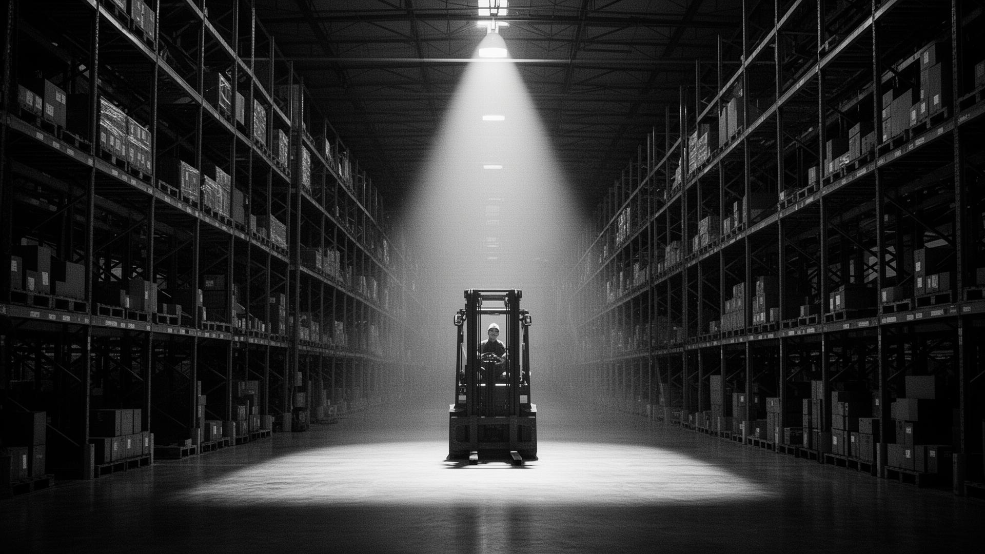 Distribution center interior at night with a single forklift operator under a column of light.